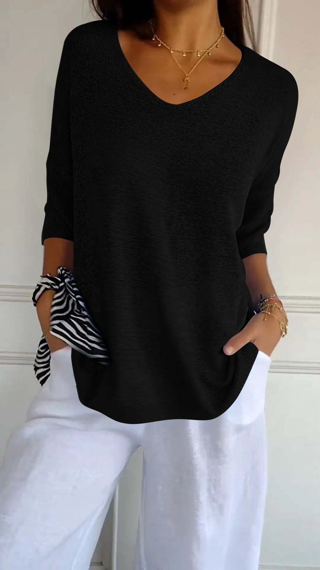 Chroma Chic™ Knitted V-Neck Top in Solid Color - Science Factory Shop