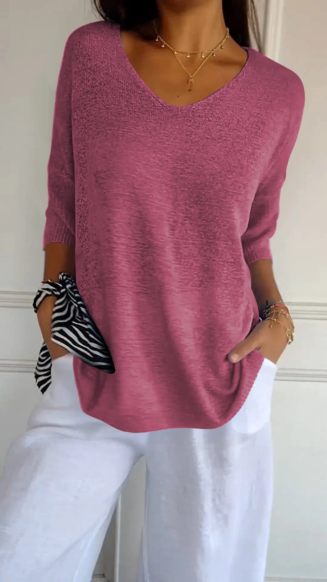 Chroma Chic™ Knitted V-Neck Top in Solid Color - Science Factory Shop