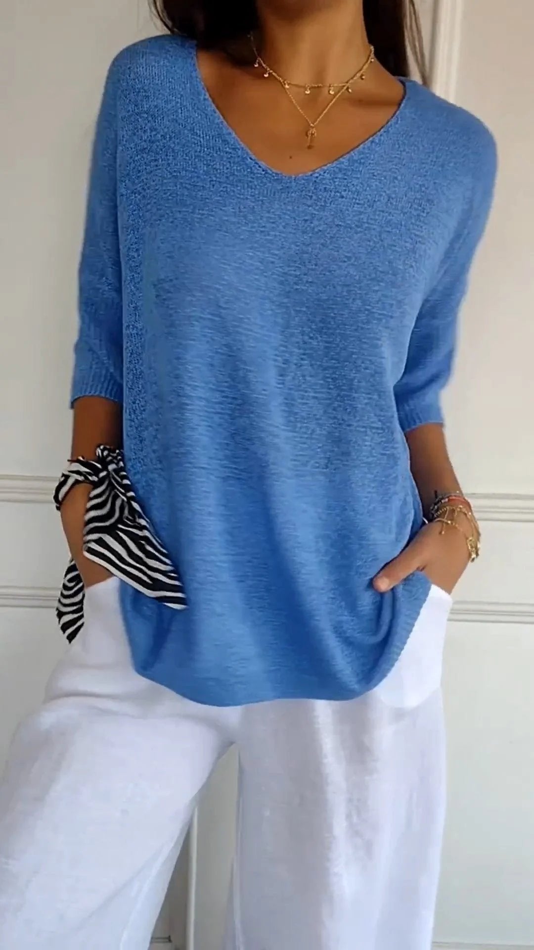 Chroma Chic™ Knitted V-Neck Top in Solid Color - Science Factory Shop