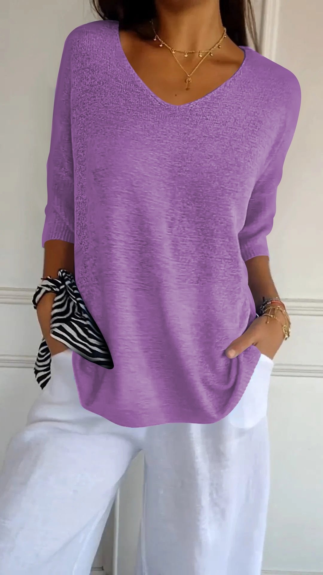 Chroma Chic™ Knitted V-Neck Top in Solid Color - Science Factory Shop