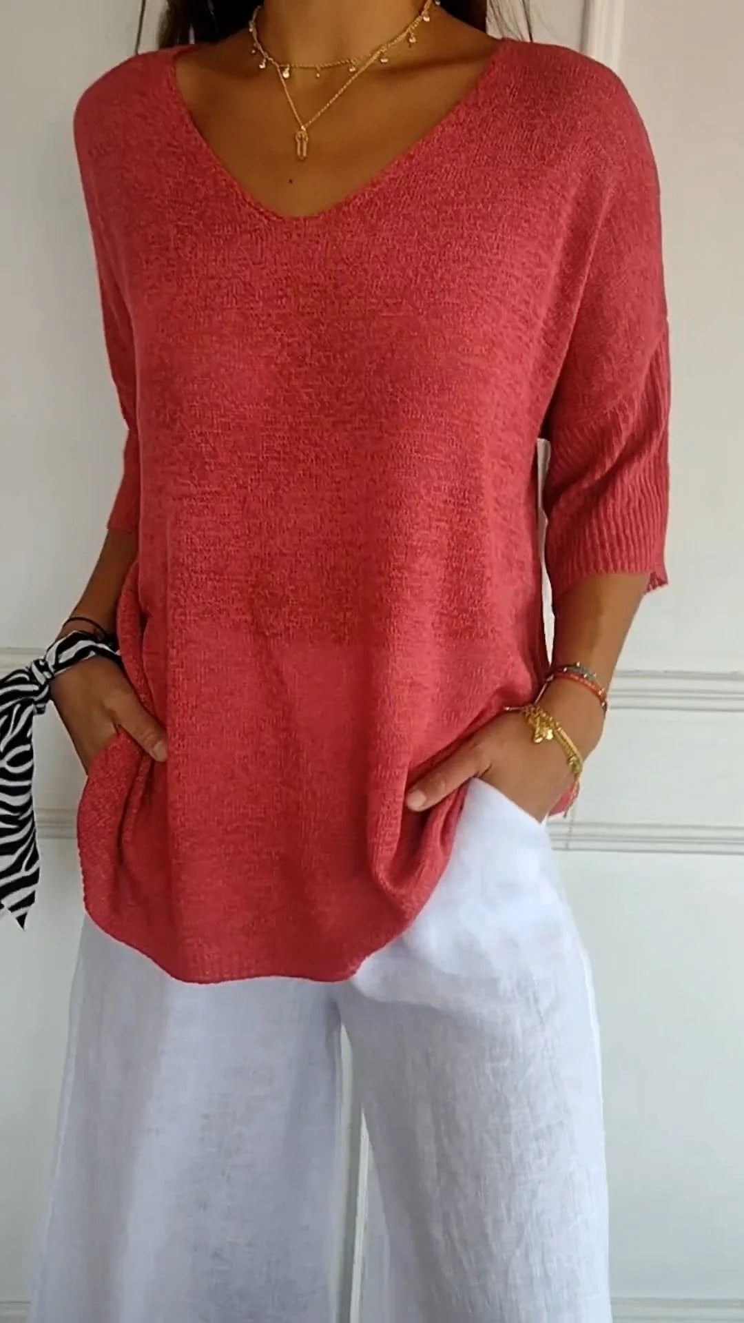 Chroma Chic™ Knitted V-Neck Top in Solid Color - Science Factory Shop
