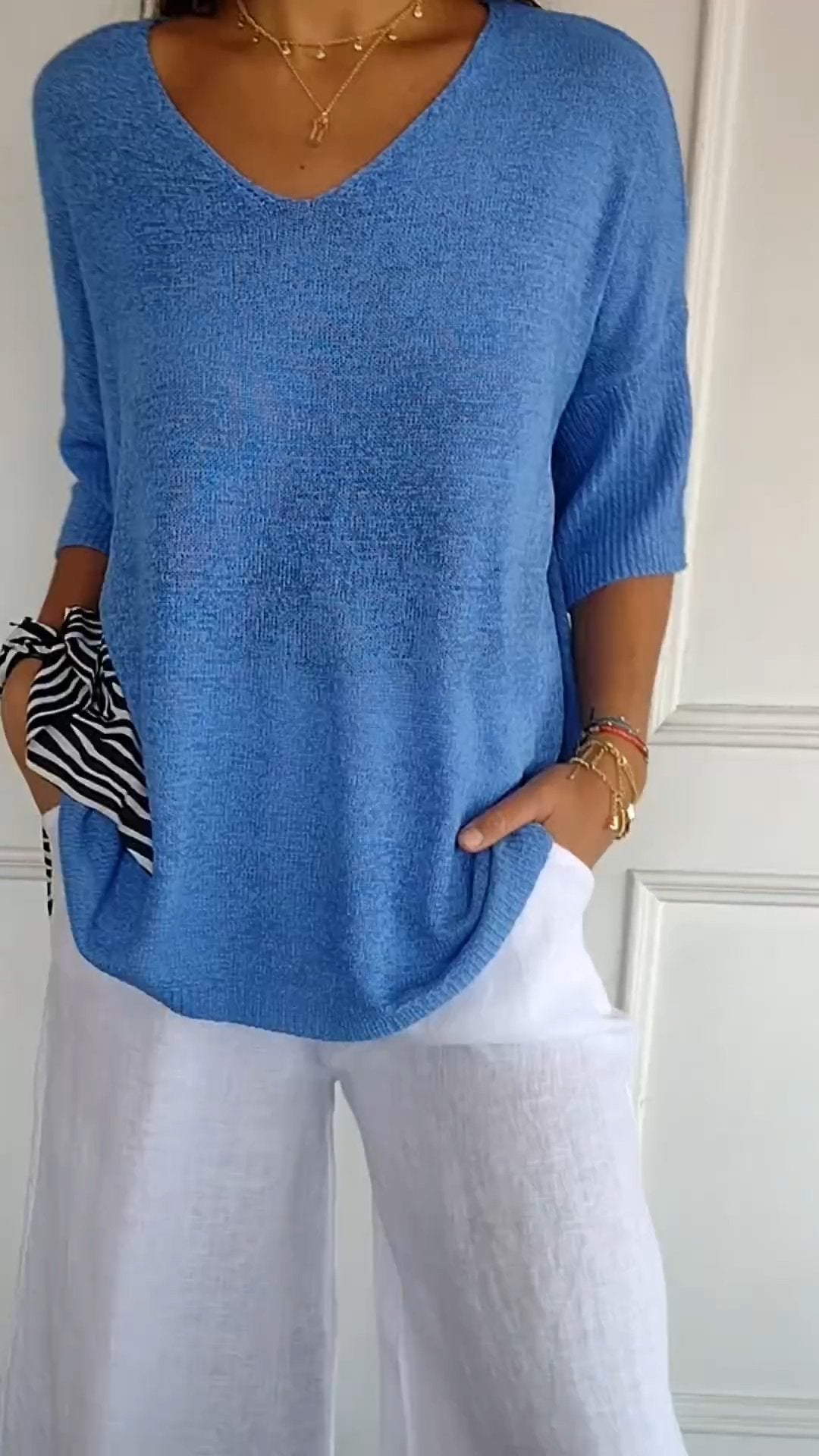 Chroma Chic™ Knitted V-Neck Top in Solid Color - Science Factory Shop