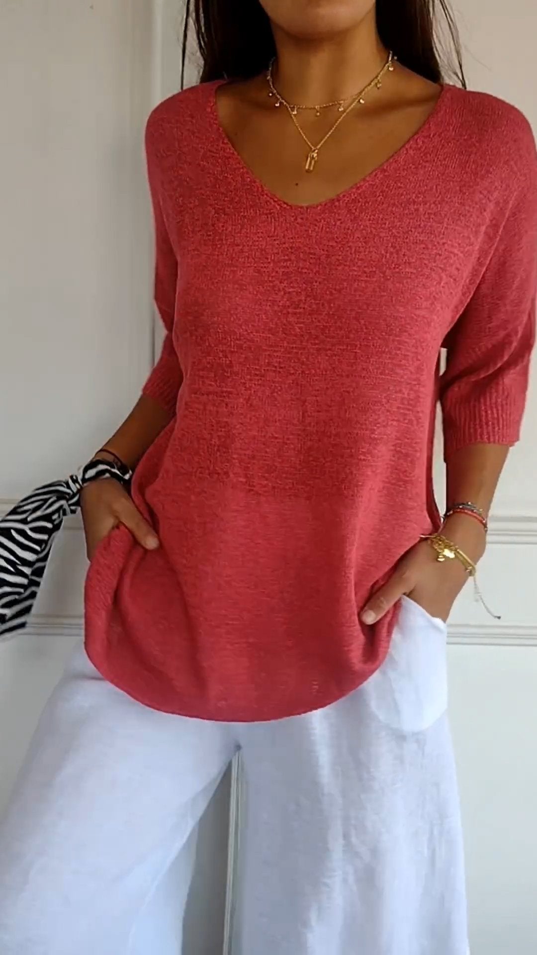 Chroma Chic™ Knitted V-Neck Top in Solid Color - Science Factory Shop